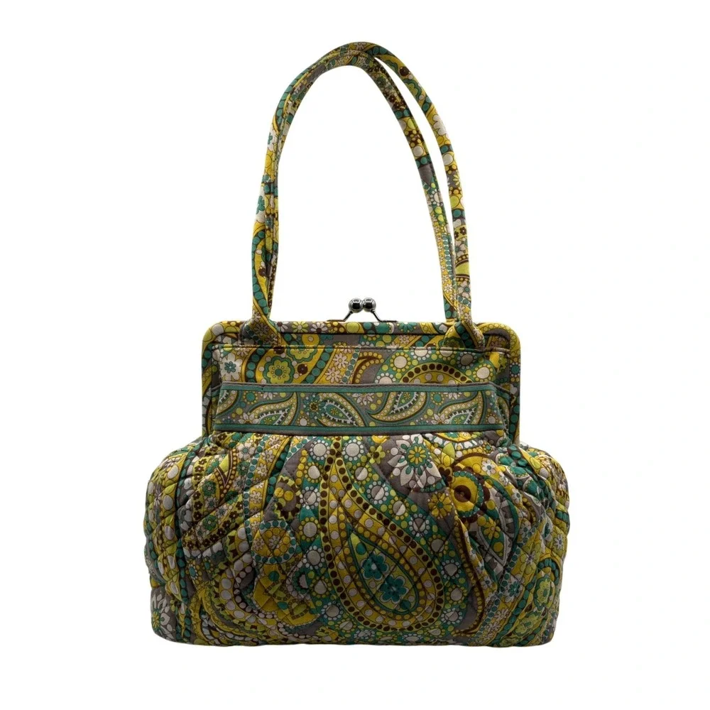 Vera‎ Bradley Frame Bag Womens Medium Yellow Green Paisley Excellent Kiss Lock